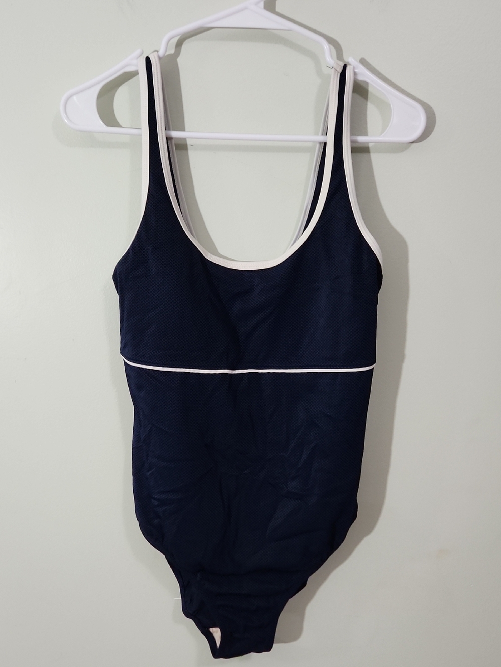 Navy Blue One-Piece Swimsuit with White Trim